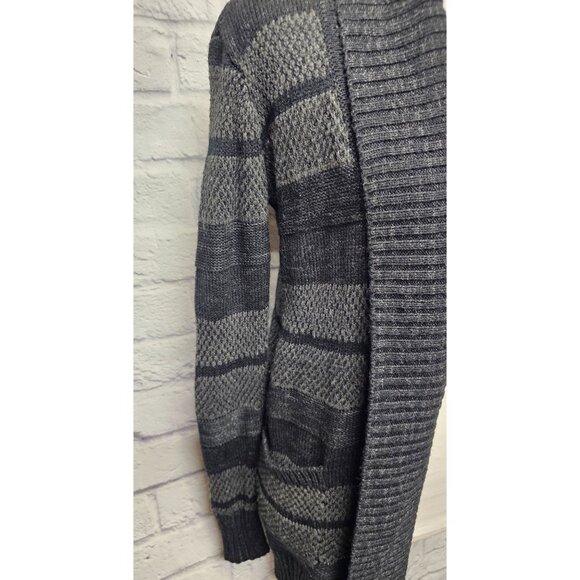 APT 9. XS BLACK GRAY STRIPED OPEN FRONT RIBBED CARDIGAN LONG TUNIC POCKET SWEATE - Picture 3 of 15